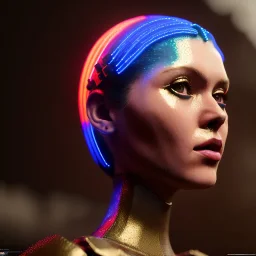 pretty british cyber woman, cold ambient, rain, fog, latex, cables, purpurin, black, gold, rings piercing, brown, decorative color feathers, circuits, neon style, a lot of led lights, fog, rain, vibrant color, highly detailed, art stations, concept art, smooth, unreal engine 5, god rays, ray tracing, RTX, lumen lighting, ultra detail, volumetric lighting, 3d, finely drawn, high definition, high resolution.