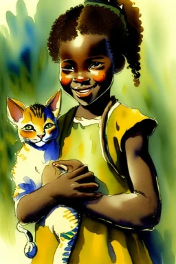 A cute smiling light brown skin african girl is holding a kitten. Watercolour