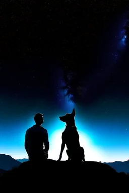 black background on a mountaintop and three sitting silhouettes of a fit man, a silhouette of a fit woman, and silhouette of a Belgian malinois sitting next to the men and the woman looking at the stars