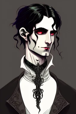 black haired young man necromancer wizard with gothic jewelry and tentacle fingers in the style of Fyodor Pavlov