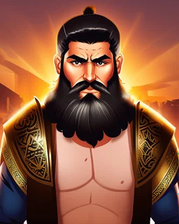 Mesopotamian warrior, expression serious, aura, portrait, background Mesopotamian city, comic style, long beard,