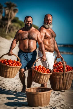 close up shot photography of two tired chubby muscular beefy hairy burly 39 years old ugly turkish carpenters, short beard, shaved hair, shirtless, manly chest, bulging white shorts, tired eyes, walking on the beach in the sun holding tomatoes baskets, big shoulders, side light, sweat and wet, ground view angle