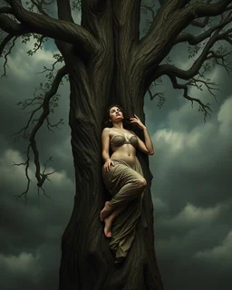 Bosch painting style, nightmare , a beautiful woman all her body tided to a tree , with tree branches and leaves, great quality picture with cinematic scenes , heavy clouds in the background