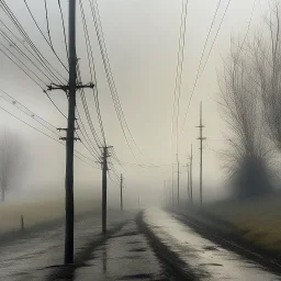 A photo of a empty road on a misty day. Telegraph poles and wires. Muted tones. With blotches and lens noise.