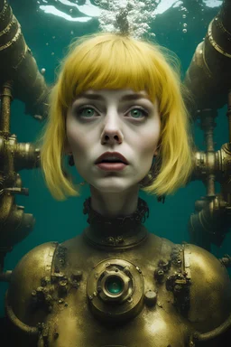 Closeup Girl with big green eyes, short yellow gold hair, dieselpunk, valves rising from the ground, the perspective looking up from the bottom of an empty well , Underwater 8k, macro photography by <John Kenn Mortensen>, darkred tones,