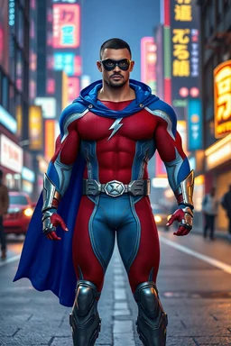 A muscular, athletically built man with extra-short, crew cut, black hair, blue eyes, short, trimmed goatee, standing stoically on the street in the neon lit, futuristic City of Xanadu prime, wearing a long-sleeved, highly textured, red-white-and blue body suit with gray piping that forms to his muscular frame, with a detached cowl, a silver lightning belt, silver wrist gauntlets, silver, knee-high boots, blue cape, the symbol of Xanadu on his chest, and a thin black leather bandit eye mask