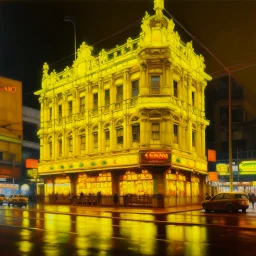 A yellow casino with flashing lights painted by Zhang Lu