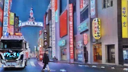 A police Tesla Cybertruck is chasing a Tesla 'Model S Plaid' at top speed, across the 'Universal Studios Japan', in Osaka. CINEMATIC. WIDE ANGLE LENS. PHOTO REAL.