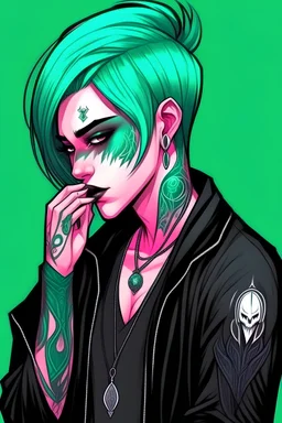 male character, tattoos, teal hair, occult, androgynous, grim reaper