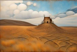 Richly textured Hieronymus Bosch, Catrin Welz-Stein, William Turner, Zdzisław Beksiński, Jacek Yerka oil on canvas zentangle line art style mix, surreal frosted fantasyland winter oceanscape, hoarfrost on trees, high grasses, snow and cottages, withered flowers, pale sunrise; paint splatter, beautiful vibrant colors, reflections, SK, flying seagulls, dramatic clouds, snowfall.