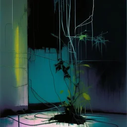 Minimal abstract oil painting of a plant in concrete neon warehouse brutalist architecture and hanging wires illuminated at night. With triadic colours. In the style of Justin Mortimer and Phil Hale, Ashley Wood