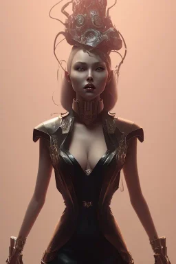 Mari Blanchard in black leather gown, evil,energetic, villain, busty, cleavage, curvy, angry, happy, stern look. character design by cory loftis, fenghua zhong, ryohei hase, ismail inceoglu and ruan jia. unreal engine 5, artistic lighting, highly detailed, photorealistic, fantasy