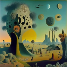 High definition photography of a marvelous landscape, trees, flowers, giant sun, people wearing masks, eerie, rock formations, Max Ernst surreal characters, Yves Tanguy odd objects, Henri Rousseau, thoughtful, interesting, a bit appalling, smooth