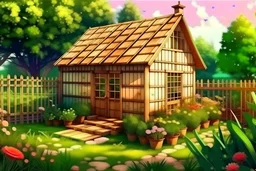 Vector. Illustration. realistic, Digital painting. english wooden greenhouse in vegetable garden