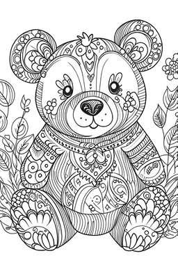 Outline art for coloring page, WHIMSICAL HAPPY TEDDY BEAR, coloring page, white background, Sketch style, only use outline, clean line art, white background, no shadows, no shading, no color, clear