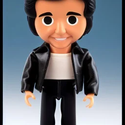 wide view young Plastic Fonzie with black hair greaser toy Action figure doll 1975 (thumbs-up) (face) Forehead grin, fonzarelli, jukebox background, eyes fonzi fonz