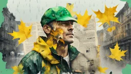 background old, cracks, yellow, torn canvas, gouache, double exposure, man, baseball cap, 40 years old, fine drawing, blots, newspaper scraps, leaves, green, autumn, rain, city, branches, 8K, double exposure