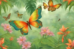 exotic humid rainforest, colorful floers, butterflies, sparkling dragonflies.