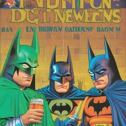 A 1980 medieval comic cover of a dark universe masonic sad drunk batman cosplay convention, green batman, orange batman, cyan batman, white batman.