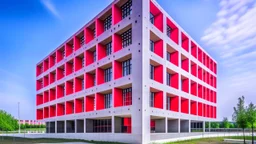 CUBIC BUILDING of concrete with red perforations