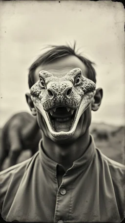 An old picture style of black and white mono very bad quality looks very old camera picture with cracks of a man with a smiling snake Face ,the year 1900 in the background from a distance dinosaurs