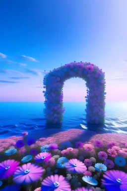A countdown poster with the numbers 4, made of flowers, pink purple blue, three-dimensional, Light Blue sky and sea background，Chinese Zen style, Surrealist photography, C4D rendering, oc rendering --s 250