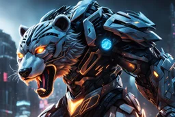 Cyber Machine volibear in 8k anime realistic drawing style, symbiote them, thunder, neon effect, close picture, snow, apocalypse, intricate details, highly detailed, high details, detailed portrait, masterpiece,ultra detailed, ultra quality