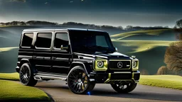 A sleek ((( Mansory g wagon))) with a majesticly curved rear, cutting through a (sunny, open countryside) backdrop
