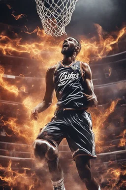 8k, highly realistic and detailed image of a NBA basketball player in action dunking the ball in the net, sweaty hair, screaming look,action and smoke and flames background