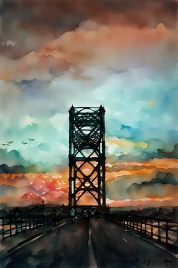 watercolor painting of Old Harbour Bridge Thoppumpady , pen line sketch and watercolor painting ,Inspired by the works of Daniel F. Gerhartz, with a fine art aesthetic and a highly detailed, realistic style