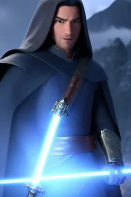 portrait jedi, tunique et armure de combat blanche, capuche, sabre laser, ceinture, temple, 4K