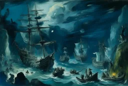 A dark blue underwater reef with sunken pirate ships painted by Paul Cezanne
