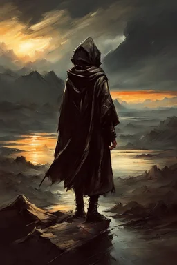 A formidable warrior-a 10-year-old boy in a black robe with a hood, on the background Amazing gloomy landscape, flooded with sunset, mountains, trees, fabulous scary hero, , juicy emotions, painting, dark fantasy, bad weather, gloomy day, dark world, by Raymond Swanland & Anna Razumovskaya