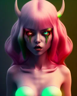 isometric clean art of a cute Demon girl with black horns deep blood red hair and green eyes, soft lighting, soft pastel gradients, high definition, 3d icon clay render, blender 3d