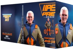 packaging label Mike pence g.i. joe toy doll space force uniform action figure, fluorescent orange