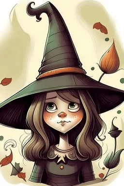 Young witch in the form of a witches hat, children’s book character, whimsical, creepy