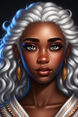 Dark Brown skinned female elf with pointy ears blue eyes and long white super curly hair