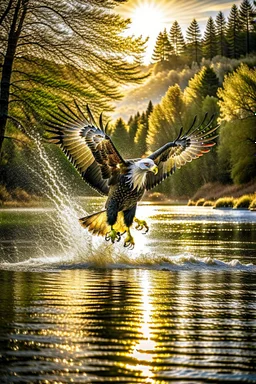 An image capturing a majestic eagle in flight, gripping a large fish in its talons as it soars above a winding river. The sunlight glistens on the water below, and the eagle's powerful wings spread wide against the sky. The scene showcases the eagle's incredible hunting prowess and the dynamic beauty of the natural world.