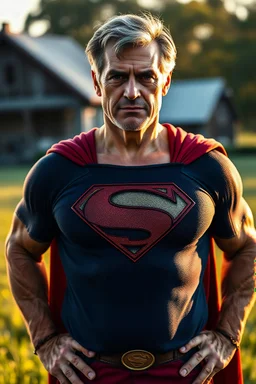 Full-length image, head to toe, create a photorealistic portrait of an extremely muscular Tom Welling Superman as an old man, with (dyed black hair:1.3), and gray temples and sideburns, standing outside the Kent Farmhouse in a green field with his hands on his hips, in the late afternoon, with natural sunlight casting warm golden light across his face revealing every wrinkle and the texture of his skin, sharp focus on his eyes showing depth, moisture, reflections, with a soft bokeh background