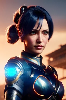 Middle age female Cyborg anime warrior, dark blue hair, graying hair, ponytail hairstyle, orange eyes, waist up portrait,4k resolution, intricate details, ornate details, soft lighting, vibrant colors, retroanime, masterpiece, intricate eyeliner, dark eyeshadow, futuristic cityscape background