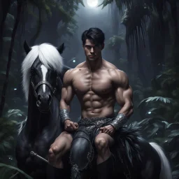 Hyper Realistic shirtless handsome muscular prince with short black hair sitting on a black horse with white hair in a dark jungle with big growling crystals at a dark night