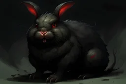 a fat rabbit;with fangs,have wings widely,big claws,long tail,red eyes,curved, ears. black fur and eating iron stick