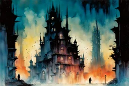 create a wildly conceptual ink wash and watercolor illustration of an ethereal, otherworldly , thriving, antediluvian vampire city, arcane magical architecture, in the comic book art style of Bill Sienkiewicz, Mike Mignola, Sparth, and Jean Giraud Moebius, finely drawn, colored and inked, suffused with dramatic natural light and shadow in the starry skys of the midnight moon