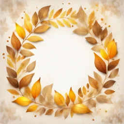 Hyper Realistic Beige-&-Yellow small-multicolor-Leaves-Circular-Frame With Glowing Golden Embers On Off-White Grunge Background.