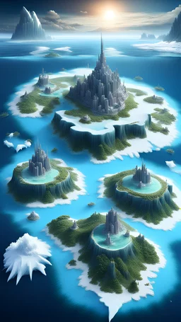 Tropical islands in the ocean. Surrounded by ice. Each island has a fortress. All this on another planet where civilization was destroyed by cold.