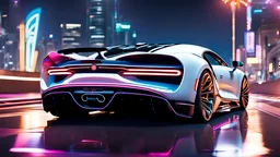 A sleek white shiny (((cyberpunk bugatti super chiron neon))), its contours and details perfectly captured in a (((cinematic view))), zipping along a winding road under a beautiful night, rear view