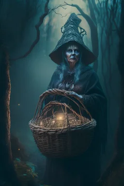 portrait of witch with shiny basket, prehistoric forest, trending art, 8k, depth of field, volumetric fog