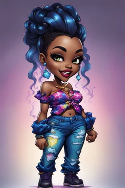 vibrant psychedelic comic book image, airbrush, 48k, cartoon art of a chibi curvy black female wearing torn jeans pants and a sapphire tie dye off the shoulder blouse. Prominent make up with lush lashes. Highly detailed sleek wavy ponytail