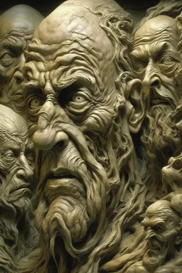 sculpture of a old man , Multiple faces . decayed and rotting with grotesque proportions and imagery. abstract grotesqueries, detailed texture, surreal horror, biomechanical design, by hr giger and beksinski