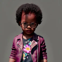 Zaire beetz toddler, full body, leather jacket, floral shirt, floral skirt, Nike sneaker, soft skin, city background, dramatic lighting, hyper realistic